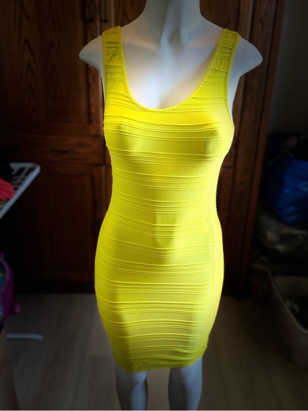 bebe Bright Yellow Ribbed Bodycon Tank Dress